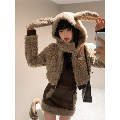 Rabbit Ear Faux Fur Jacket / Faux Leather Pencil Skirt / Set (Various Designs)