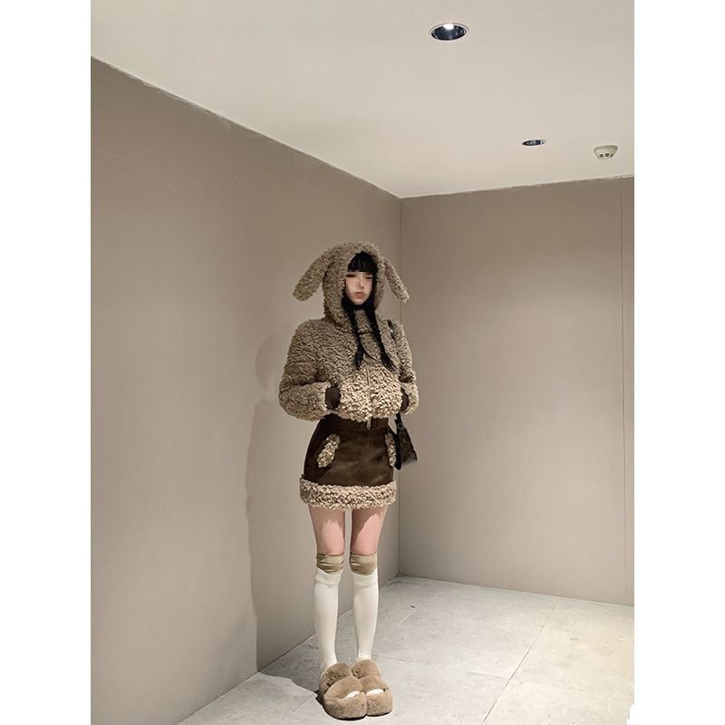Rabbit Ear Faux Fur Jacket / Faux Leather Pencil Skirt / Set (Various Designs)
