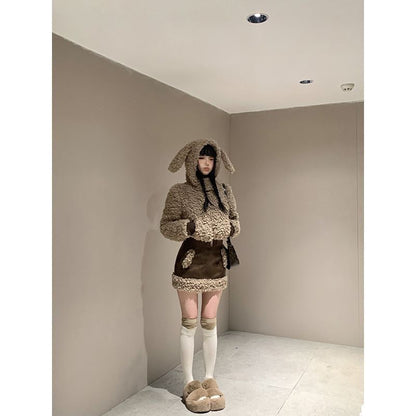 Rabbit Ear Faux Fur Jacket / Faux Leather Pencil Skirt / Set (Various Designs)