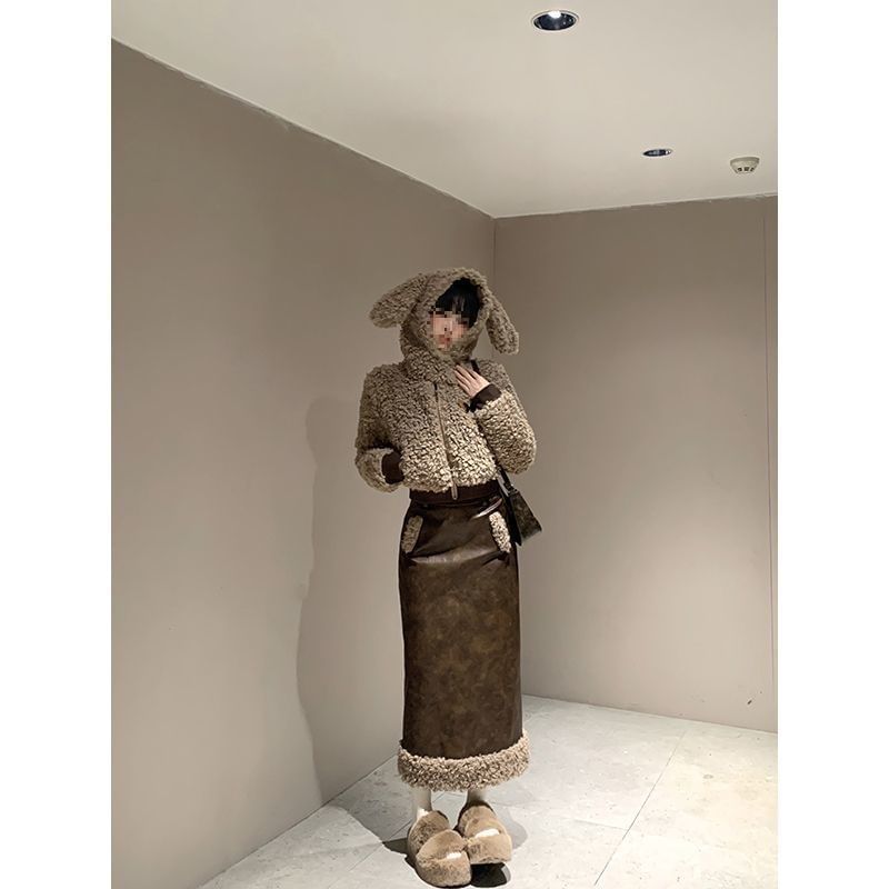Rabbit Ear Faux Fur Jacket / Faux Leather Pencil Skirt / Set (Various Designs)