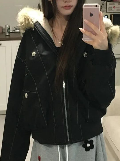 Faux Fur Hooded Zip-Up Padded Jacket