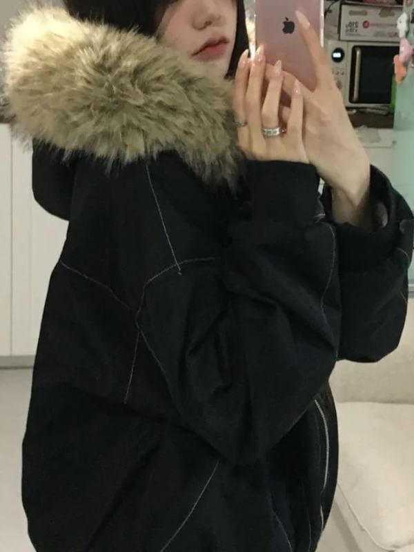 Faux Fur Hooded Zip-Up Padded Jacket
