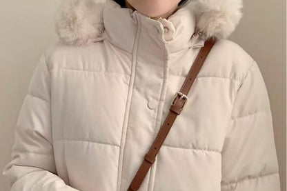Hooded Furry Trim Zip-Up Puffer Jacket