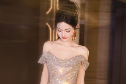 Off Shoulder Glitter Sheath Evening Gown