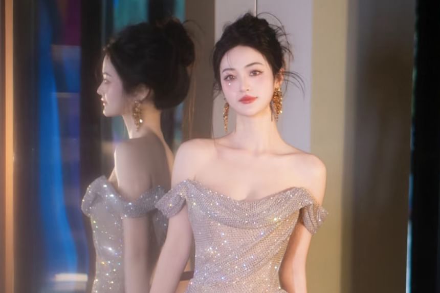 Off Shoulder Glitter Sheath Evening Gown