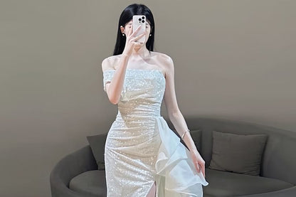 Strapless Glitter Ruffle Slit Mermaid Evening Gown
