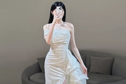 Strapless Glitter Ruffle Slit Mermaid Evening Gown