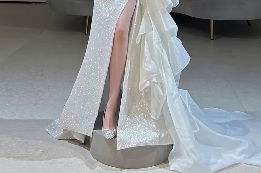 Strapless Glitter Ruffle Slit Mermaid Evening Gown