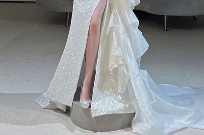 Strapless Glitter Ruffle Slit Mermaid Evening Gown