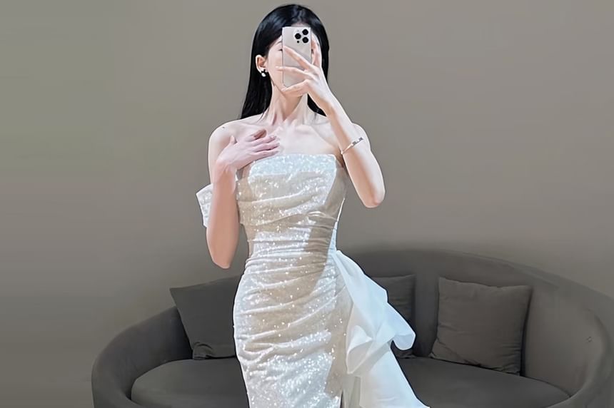 Strapless Glitter Ruffle Slit Mermaid Evening Gown
