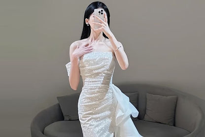 Strapless Glitter Ruffle Slit Mermaid Evening Gown