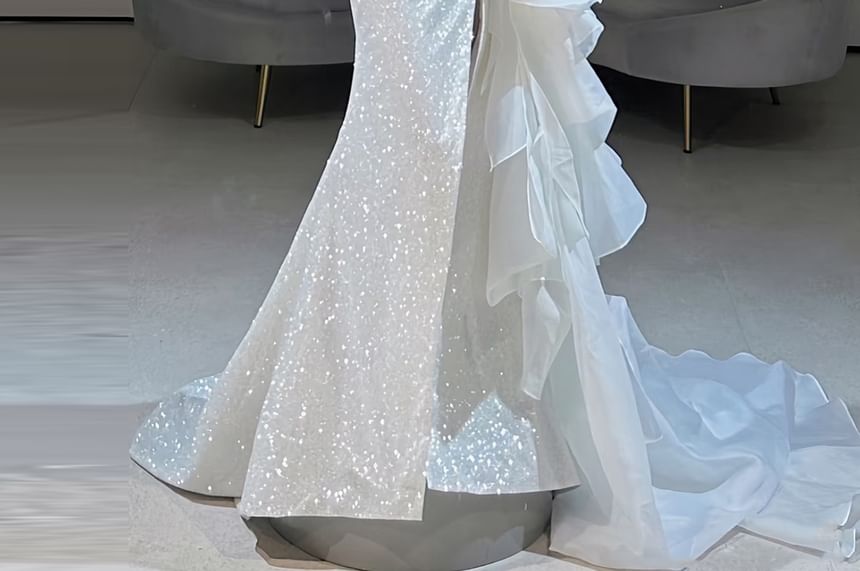 Strapless Glitter Ruffle Slit Mermaid Evening Gown