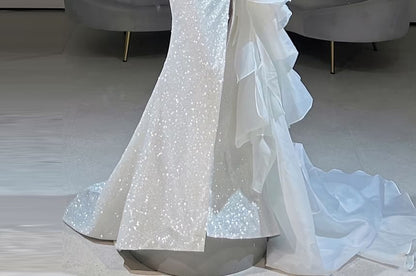Strapless Glitter Ruffle Slit Mermaid Evening Gown