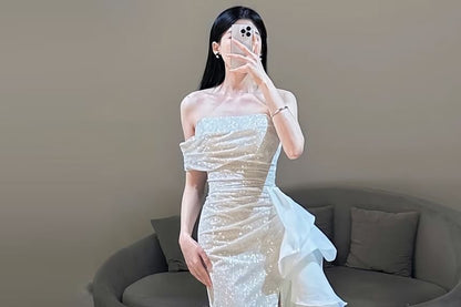 Strapless Glitter Ruffle Slit Mermaid Evening Gown