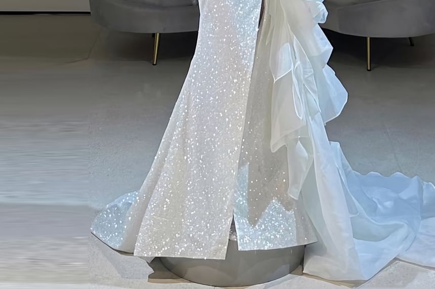Strapless Glitter Ruffle Slit Mermaid Evening Gown