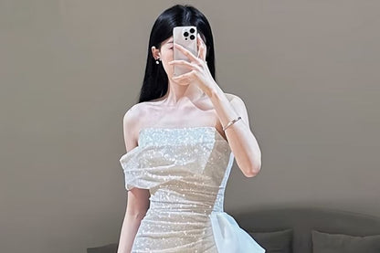 Strapless Glitter Ruffle Slit Mermaid Evening Gown