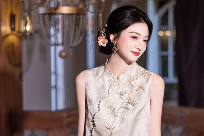 Sleeveless Mandarin Collar Beaded Floral Embroidered Mock Two Piece Jacquard Maxi A-Line Cocktail Dress