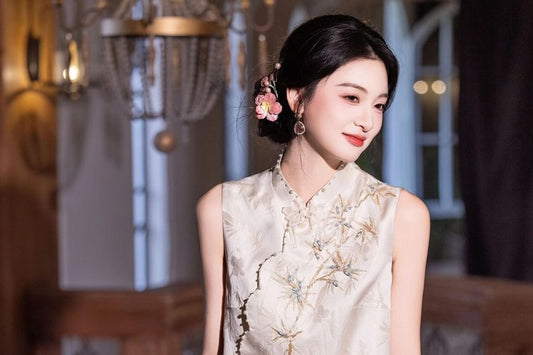 Sleeveless Mandarin Collar Beaded Floral Embroidered Mock Two Piece Jacquard Maxi A-Line Cocktail Dress