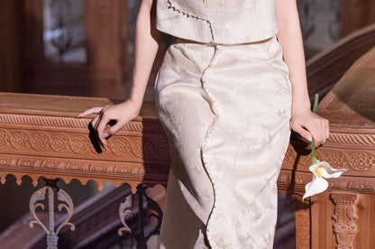 Sleeveless Mandarin Collar Beaded Floral Embroidered Mock Two Piece Jacquard Maxi A-Line Cocktail Dress
