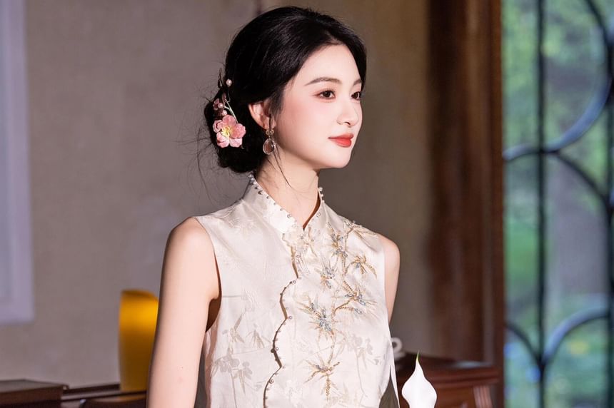 Sleeveless Mandarin Collar Beaded Floral Embroidered Mock Two Piece Jacquard Maxi A-Line Cocktail Dress