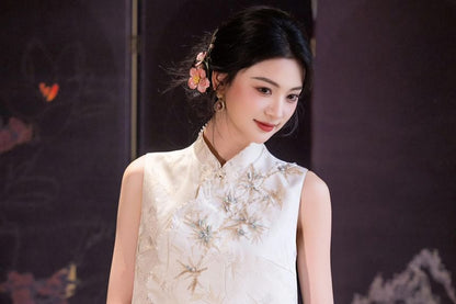 Sleeveless Mandarin Collar Beaded Floral Embroidered Mock Two Piece Jacquard Maxi A-Line Cocktail Dress