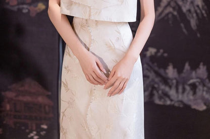 Sleeveless Mandarin Collar Beaded Floral Embroidered Mock Two Piece Jacquard Maxi A-Line Cocktail Dress