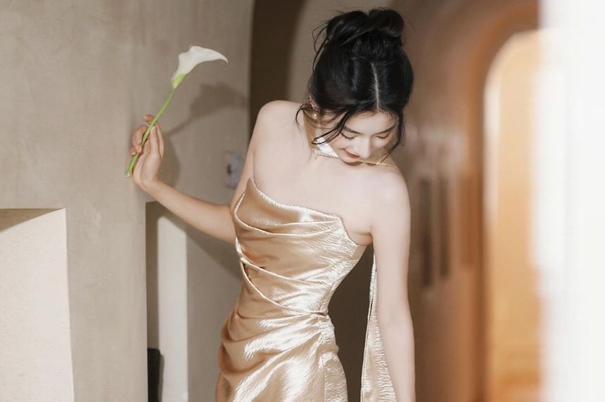 Plain Ruched Satin Trumpet Tube Evening Gown