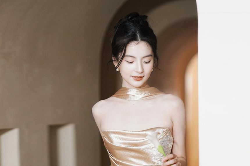 Plain Ruched Satin Trumpet Tube Evening Gown
