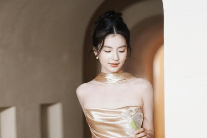 Plain Ruched Satin Trumpet Tube Evening Gown