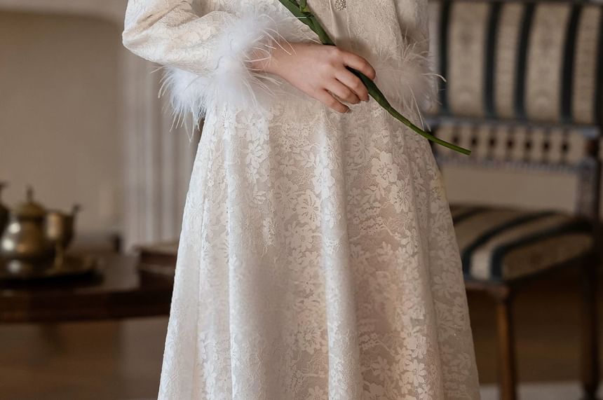 Long Sleeve Round Neck Plain Beaded Feather Trim Mock Two Piece Lace Maxi A-Line Cocktail Dress