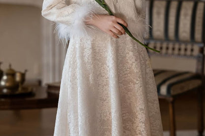 Long Sleeve Round Neck Plain Beaded Feather Trim Mock Two Piece Lace Maxi A-Line Cocktail Dress