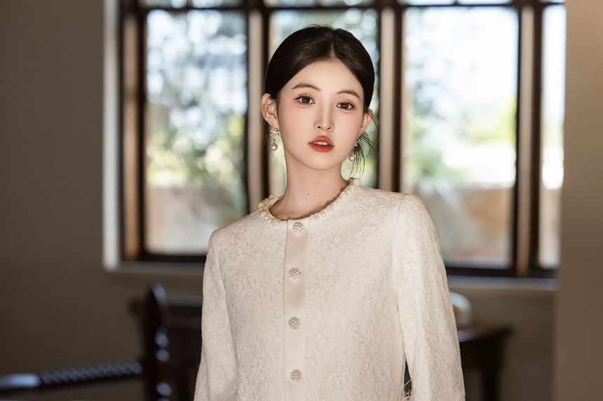 Long Sleeve Round Neck Plain Beaded Feather Trim Mock Two Piece Lace Maxi A-Line Cocktail Dress