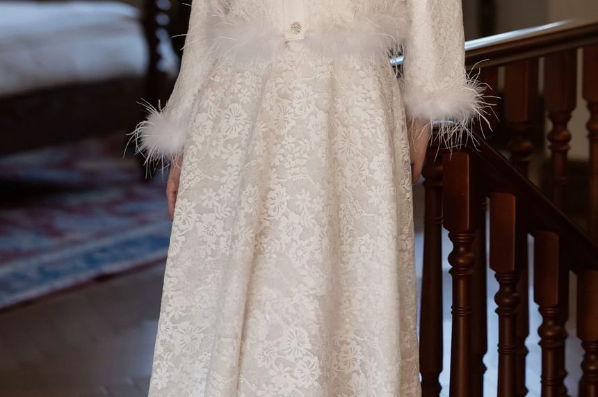 Long Sleeve Round Neck Plain Beaded Feather Trim Mock Two Piece Lace Maxi A-Line Cocktail Dress