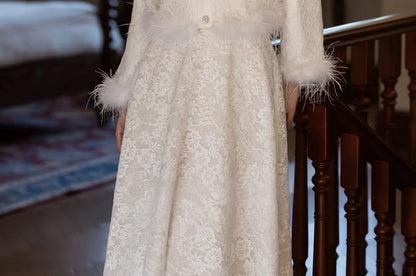 Long Sleeve Round Neck Plain Beaded Feather Trim Mock Two Piece Lace Maxi A-Line Cocktail Dress