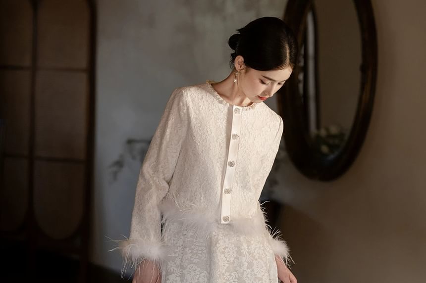 Long Sleeve Round Neck Plain Beaded Feather Trim Mock Two Piece Lace Maxi A-Line Cocktail Dress