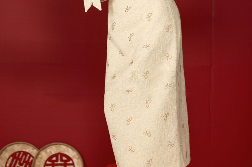 Long Sleeve Round Neck Bow Beaded Mock Two Piece Tweed Midi Sheath Cocktail Dress