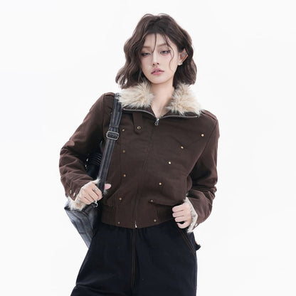Stand Collar Studded Panel Faux Fur Zip Jacket