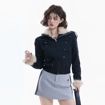 Stand Collar Studded Panel Faux Fur Zip Jacket
