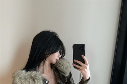 Faux Fur Camouflaged Print Zip-Up Hoodie