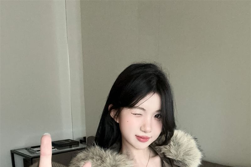 Faux Fur Camouflaged Print Zip-Up Hoodie