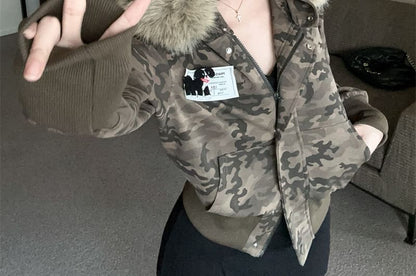Faux Fur Camouflaged Print Zip-Up Hoodie