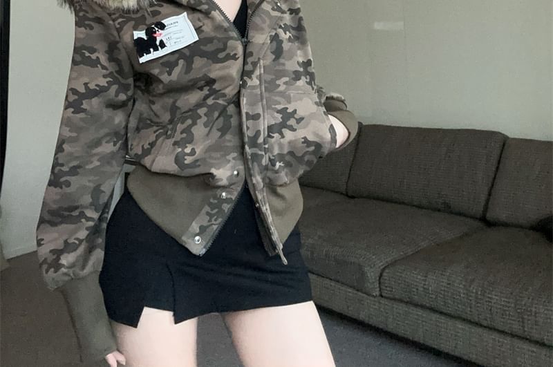 Faux Fur Camouflaged Print Zip-Up Hoodie