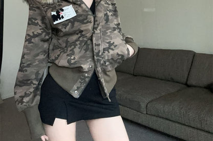 Faux Fur Camouflaged Print Zip-Up Hoodie