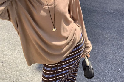 Loose-Fit Long-Sleeve Tee with Striped Maxi Skirt