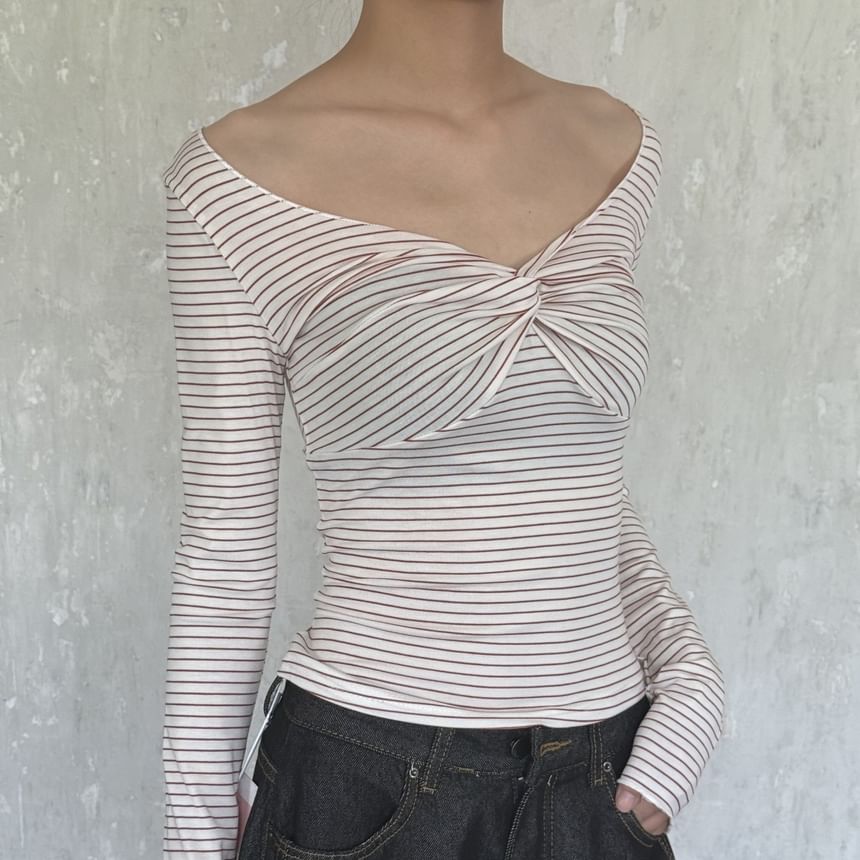 Striped V-Neck Long-Sleeve Knit Tee