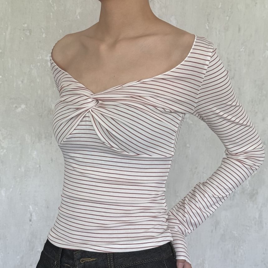 Striped V-Neck Long-Sleeve Knit Tee