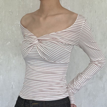 Striped V-Neck Long-Sleeve Knit Tee