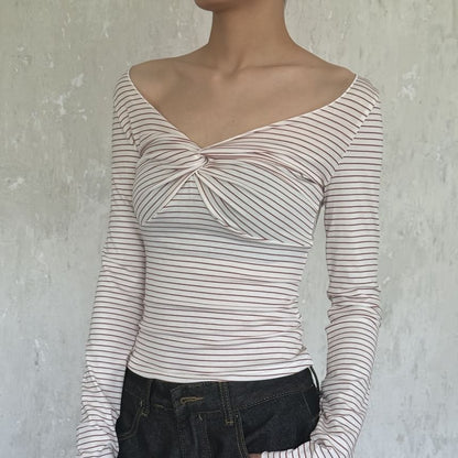 Striped V-Neck Long-Sleeve Knit Tee