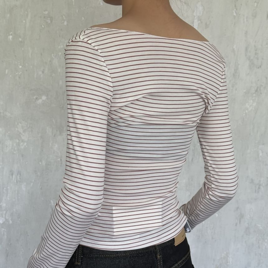 Striped V-Neck Long-Sleeve Knit Tee
