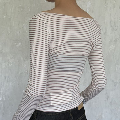 Striped V-Neck Long-Sleeve Knit Tee